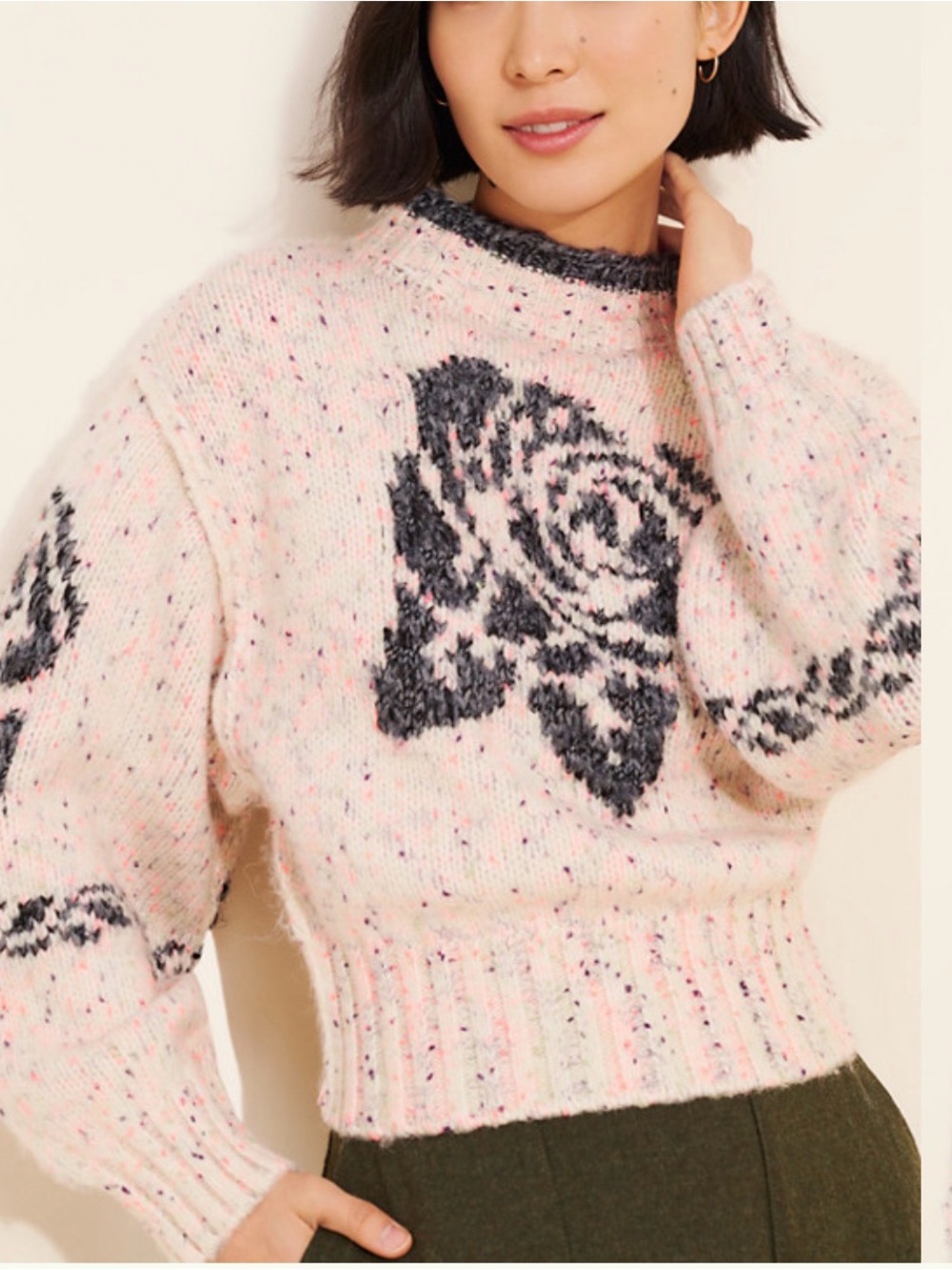 Kimchi Blue Cream Sweater Medium Rose Motifs